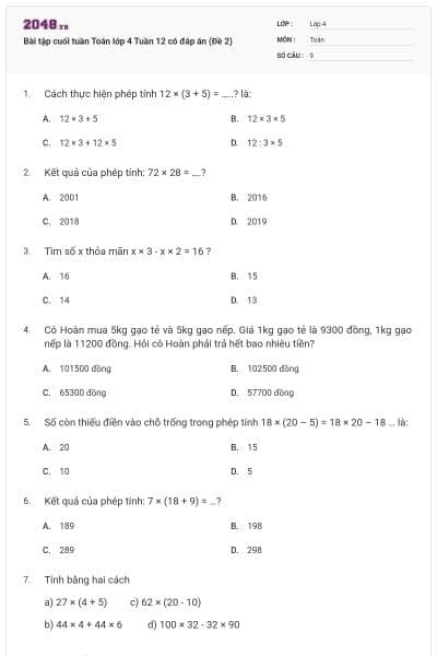 Bài tập cuối tuần Toán lớp 4 Tuần 12 có đáp án (Đề 2)