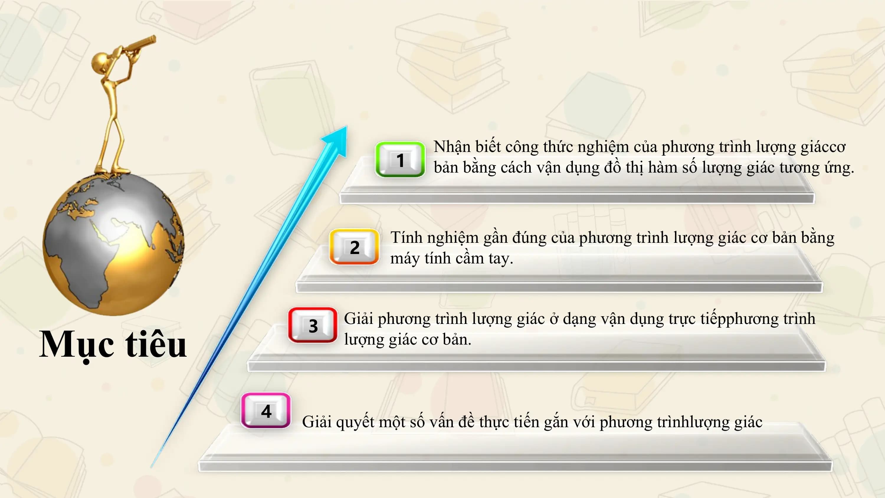 Nhận biết công thức nghiệm của phương trình lượng giáccơ
 1 bản bằng cách vận dụng đồ thị hàm số lượng giác tương ứng.

 Tính nghiệm gần đúng của phương trình lượng giác cơ bản bằng
 2
 máy tính cầm tay.

 Giải phương trình lượng giác ở dạng vận dụng trực tiếpphương trình
Mục tiêu
 3
 lượng giác cơ bản.

 4
 Giải quyết một số vấn đề thực tiến gắn với phương trìnhlượng giác