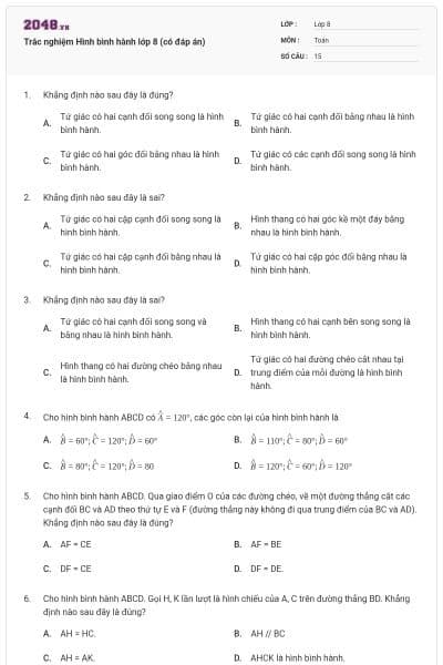 Trắc nghiệm Hình bình hành lớp 8 (có đáp án)