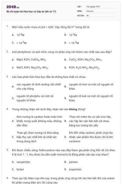 Bộ đề luyện thi Hóa Học có đáp án (Đề số 17)
