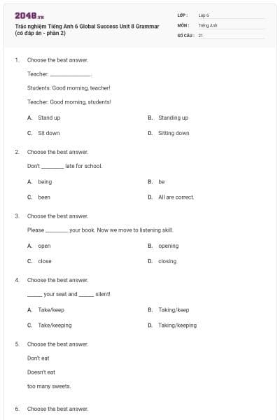 Trắc nghiệm Tiếng Anh 6 Global Success Unit 8 Grammar (có đáp án - phần 2)