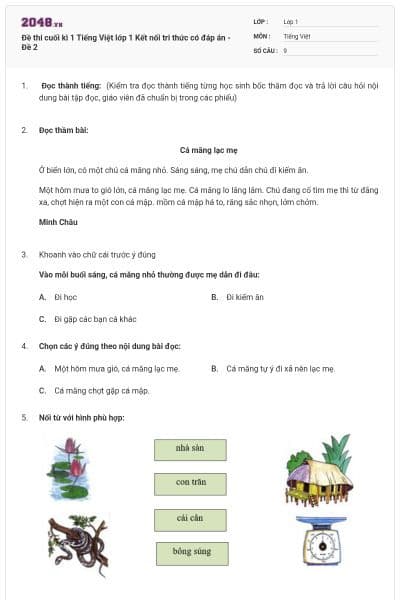Đề thi cuối kì 1 Tiếng Việt lớp 1 Kết nối tri thức có đáp án - Đề 2