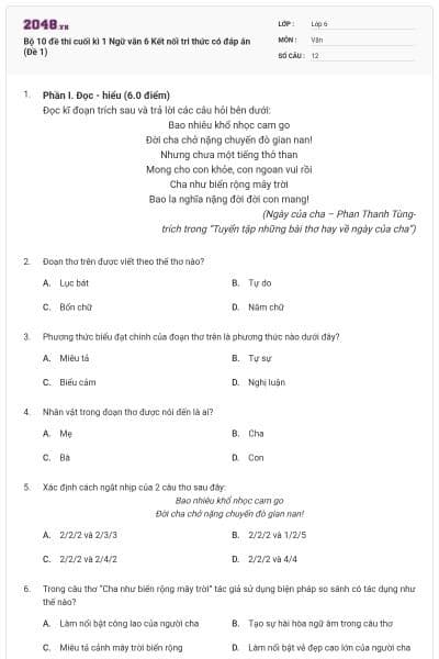 Bộ 10 đề thi cuối kì 1 Ngữ văn 6 Kết nối tri thức có đáp án (Đề 1)