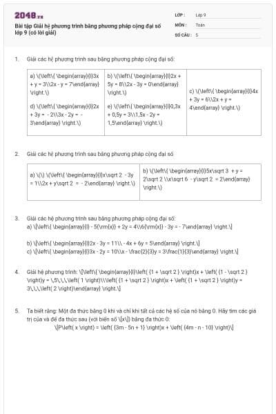 Bài tập Giải hệ phương trình bằng phương pháp cộng đại số lớp 9 (có lời giải)