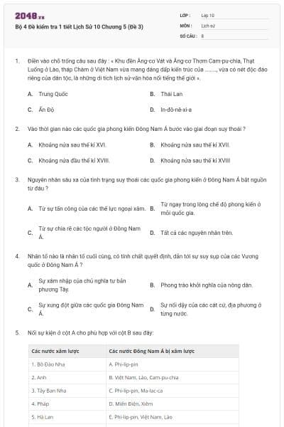 Bộ 4  Đề kiểm tra 1 tiết Lịch Sử 10 Chương 5 (Đề 3)