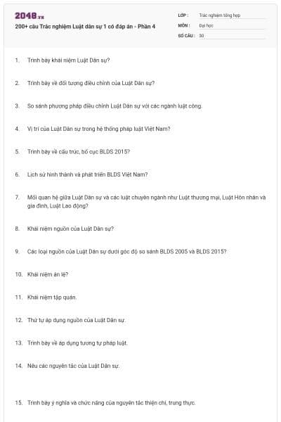 200+ câu Trắc nghiệm Luật dân sự 1 có đáp án - Phần 4