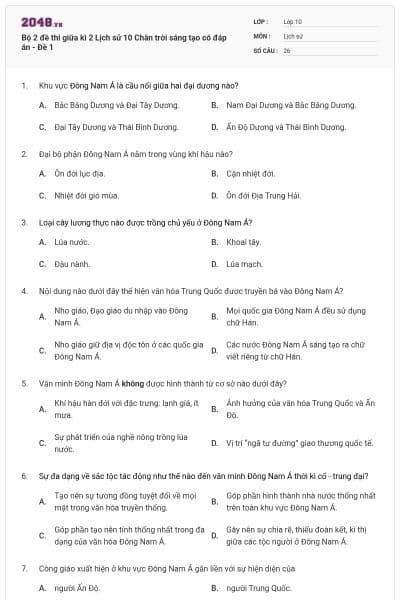 Bộ 2 đề thi giữa kì 2 Lịch sử 10 Chân trời sáng tạo có đáp án - Đề 1