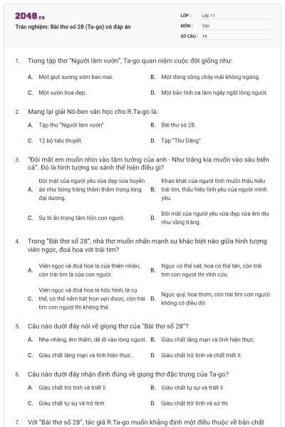 Trắc nghiệm: Bài thơ số 28 (Ta-go) có đáp án