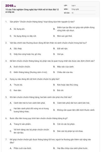 15 câu Trắc nghiệm Công nghệ lớp 4 Kết nối tri thức Bài 12 có đáp án