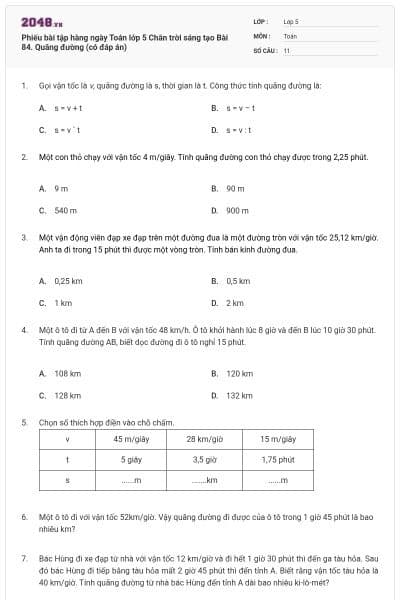 Phiếu bài tập hàng ngày Toán lớp 5 Chân trời sáng tạo Bài 84. Quãng đường (có đáp án)
