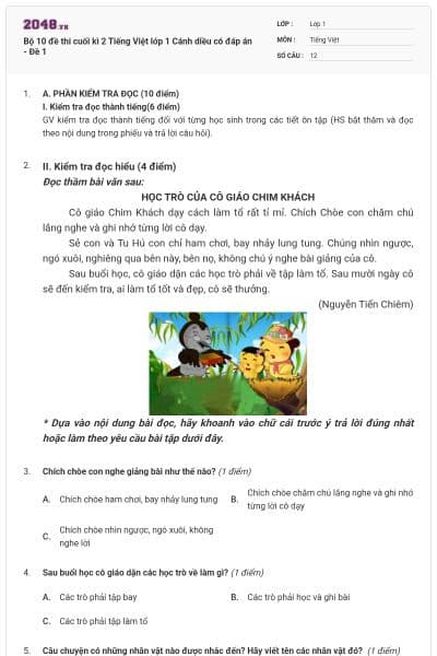 Bộ 10 đề thi cuối kì 2 Tiếng Việt lớp 1 Cánh diều có đáp án - Đề 1