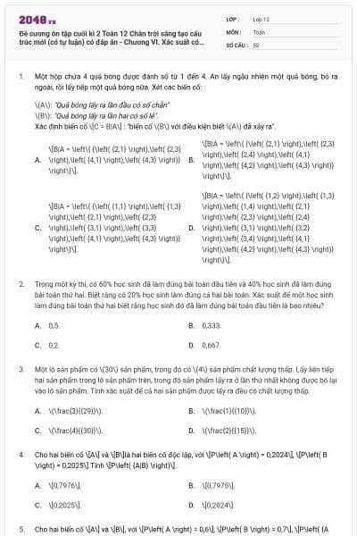 Đề cương ôn tập cuối kì 2 Toán 12 Chân trời sáng tạo cấu trúc mới (có tự luận) có đáp án - Chương VI. Xác suất có điều kiện