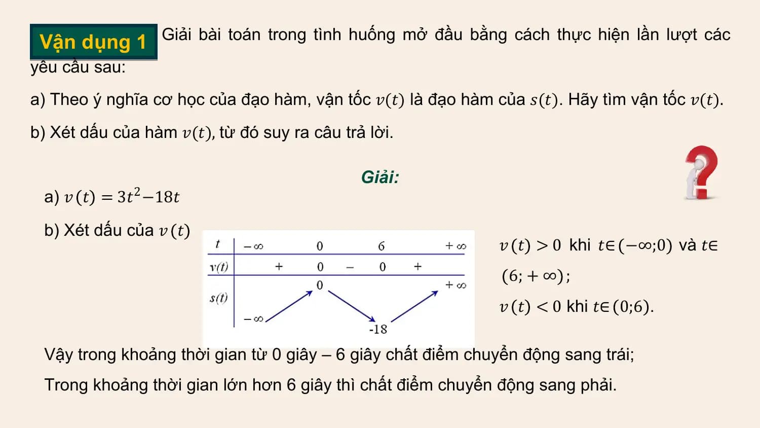 Vận dụng 1 Giải bài toán trong tình huống mở đầu bằng cách thực hiện lần lượt các
yêu cầu sau:
a) Theo ý nghĩa cơ học của đạo hàm, vận tốc 𝑣(𝑡) là đạo hàm của 𝑠(𝑡). Hãy tìm vận tốc 𝑣(𝑡).
b) Xét dấu của hàm 𝑣(𝑡), từ đó suy ra câu trả lời.

 Giải:
 a) 𝑣 𝑡 = 3𝑡 −18𝑡
 2

 b) Xét dấu của 𝑣 𝑡
 𝑣 𝑡 > 0 khi 𝑡∈ −∞;0 và 𝑡∈
 6; + ∞ ;
 𝑣 𝑡 < 0 khi 𝑡∈ 0;6 .

 Vậy trong khoảng thời gian từ 0 giây – 6 giây chất điểm chuyển động sang trái;
 Trong khoảng thời gian lớn hơn 6 giây thì chất điểm chuyển động sang phải.