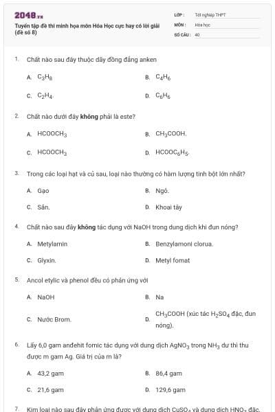 Tuyển tập đề thi minh họa môn Hóa Học cực hay có lời giải (đề số 8)