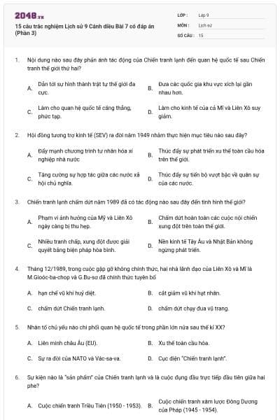 15 câu trắc nghiệm Lịch sử 9 Cánh diều Bài 7 có đáp án (Phần 3)