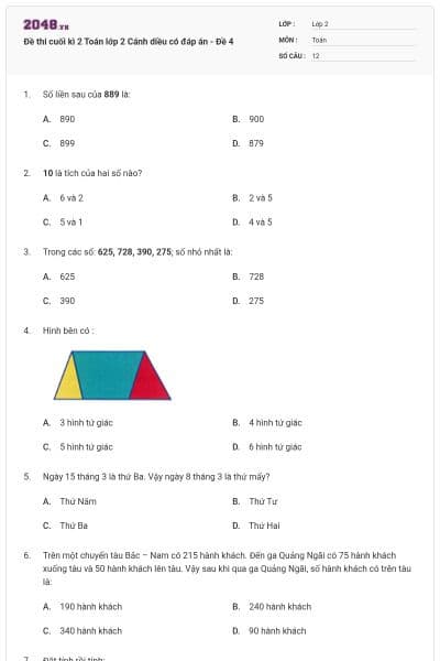 Đề thi cuối kì 2 Toán lớp 2 Cánh diều có đáp án - Đề 4