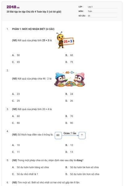 20 Bài tập ôn tập Chủ đề 4 Toán lớp 3 (có lời giải)