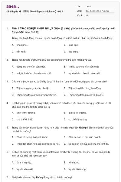Đề thi giữa kì 1 KTPL 10 có đáp án (sách mới) - Đề 4