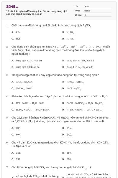 15 câu trắc nghiệm Phản ứng trao đổi ion trong dung dịch các chất điện li cực hay có đáp án