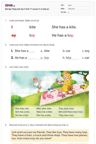 Bài tập Tiếng Anh lớp 3 Unit 17 Lesson 3 có đáp án