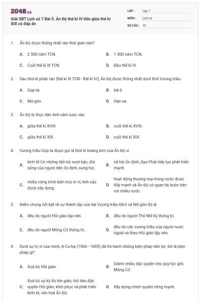 Giải SBT Lịch sử 7 Bài 5. Ấn Độ thế kỉ IV đến giữa thế kỉ XIX có đáp án