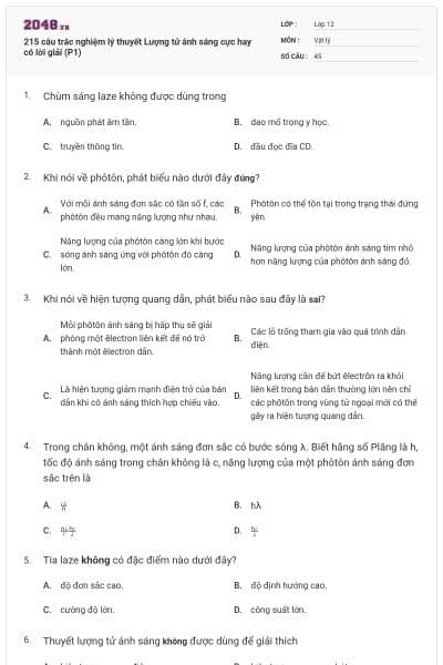 215 câu trắc nghiệm lý thuyết Lượng tử ánh sáng cực hay có lời giải (P1)