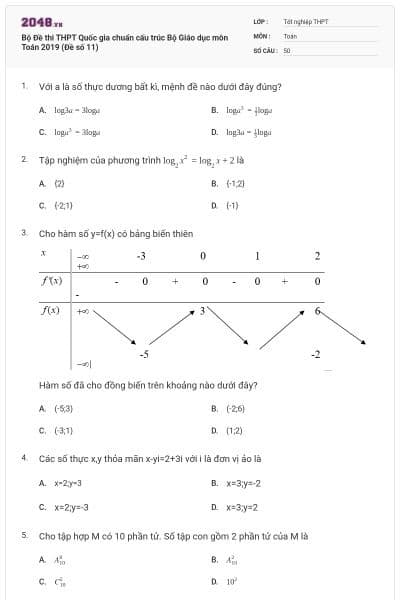 Bộ Đề thi THPT Quốc gia chuẩn cấu trúc Bộ Giáo dục môn Toán 2019 (Đề số 11)