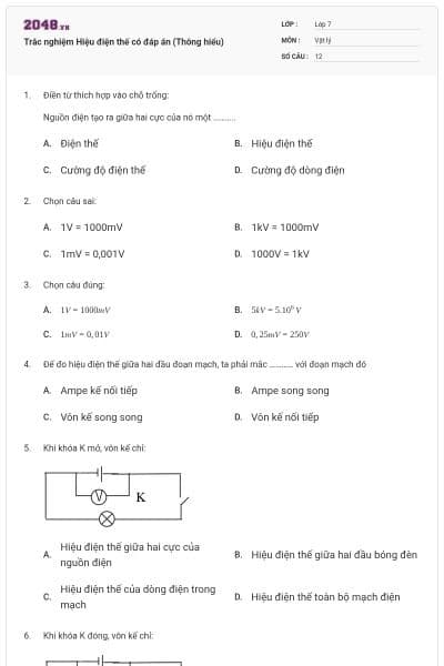 Trắc nghiệm Hiệu điện thế có đáp án (Thông hiểu)
