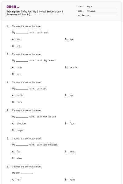 Trắc nghiệm Tiếng Anh lớp 3 Global Success Unit 4 Grammar (có đáp án)