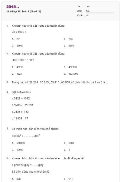 Đề thi học kì I Toán 4 (Đề số 12)