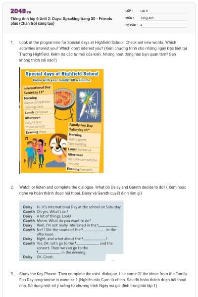 Tiếng Anh lớp 6 Unit 2: Days: Speaking trang 30 - Friends plus (Chân trời sáng tạo)