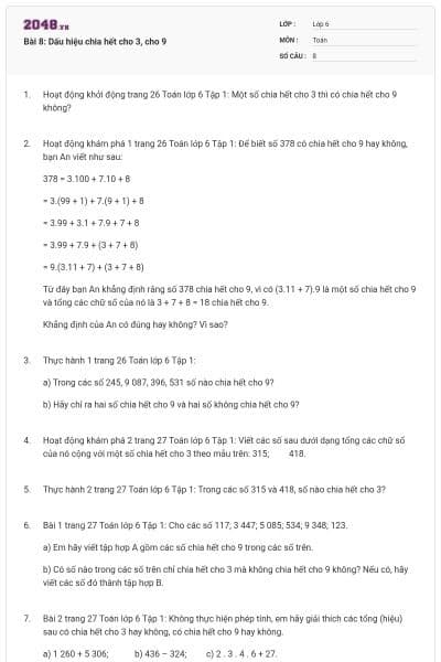 Bài 8: Dấu hiệu chia hết cho 3, cho 9