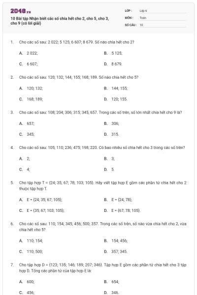 10 Bài tập Nhận biết các số chia hết cho 2, cho 5, cho 3, cho 9 (có lời giải)