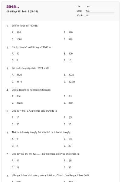 Đề thi học kì I Toán 3 (Đề 18)
