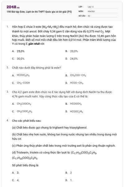 190 Bài tập Este, Lipit ôn thi THPT Quốc gia có lời giải (P5)