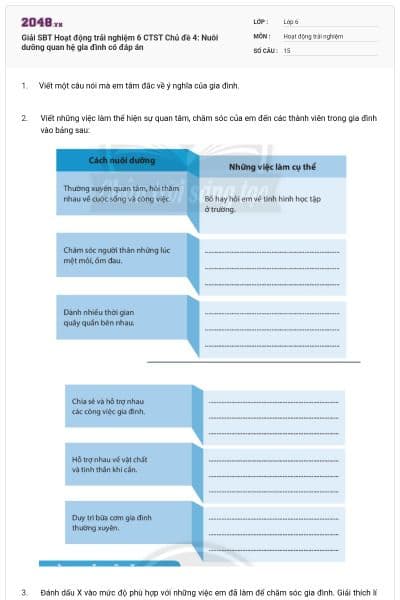 Giải SBT Hoạt động trải nghiệm 6 CTST Chủ đề 4: Nuôi dưỡng quan hệ gia đình có đáp án