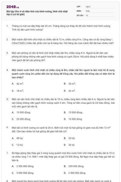 Bài tập Chu vi và diện tích của hình vuông, hình chữ nhật lớp 6 (có lời giải)