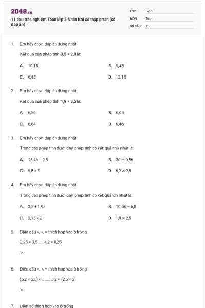 11 câu trắc nghiệm Toán lớp 5 Nhân hai số thập phân (có đáp án)