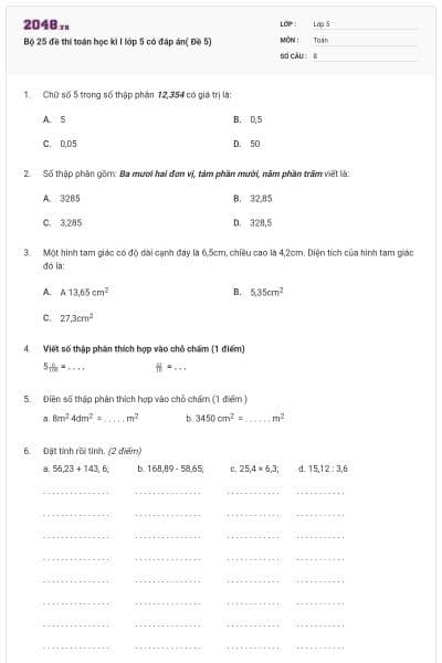 Bộ 25 đề thi toán học kì I lớp 5 có đáp án( Đề 5)