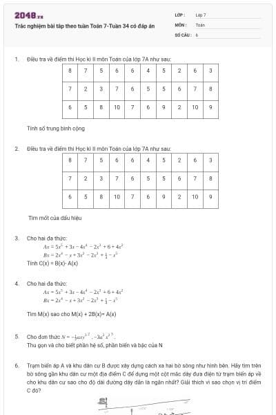 Trắc nghiệm bài tâp theo tuần Toán 7-Tuần 34 có đáp án