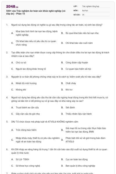 500+ câu Trắc nghiệm An toàn sức khỏe nghề nghiệp (có đáp án) - Phần 10