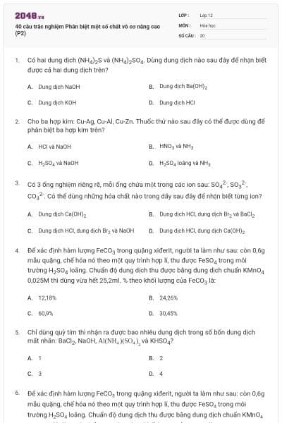 40 câu trắc nghiệm Phân biệt một số chất vô cơ nâng cao (P2)