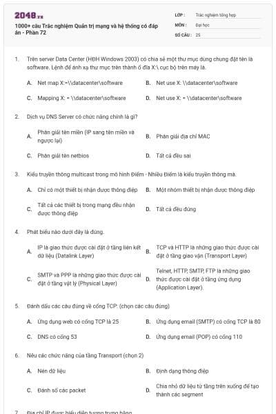 1000+ câu Trắc nghiệm Quản trị mạng và hệ thống có đáp án - Phần 72