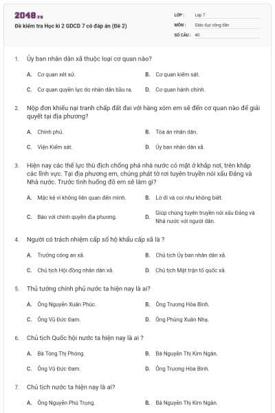 Đề kiểm tra Học kì 2 GDCD 7 có đáp án (Đề 2)