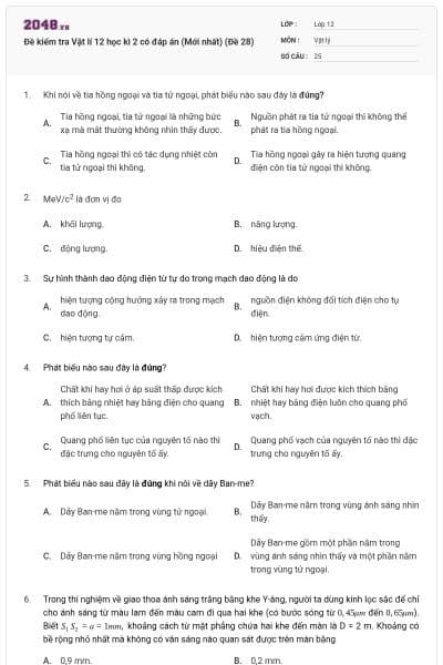 Đề kiểm tra Vật lí 12 học kì 2 có đáp án (Mới nhất) (Đề 28)