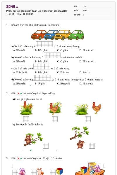 Phiếu bài tập hàng ngày Toán lớp 1 Chân trời sáng tạo Bài 1. Vị trí (Tiết 2) có đáp án
