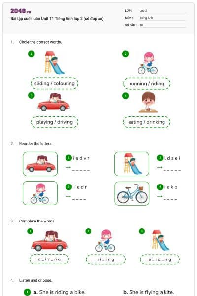 Bài tập cuối tuần Unit 11 Tiếng Anh lớp 2 (có đáp án)