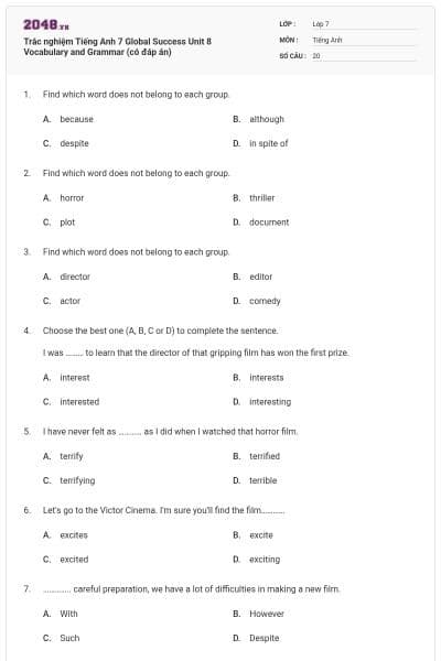 Trắc nghiệm Tiếng Anh 7 Global Success Unit 8 Vocabulary and Grammar (có đáp án)