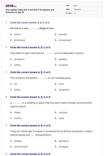 Trắc nghiệm Tiếng Anh 9 mới Unit 5 Vocabulary and Grammar có đáp án