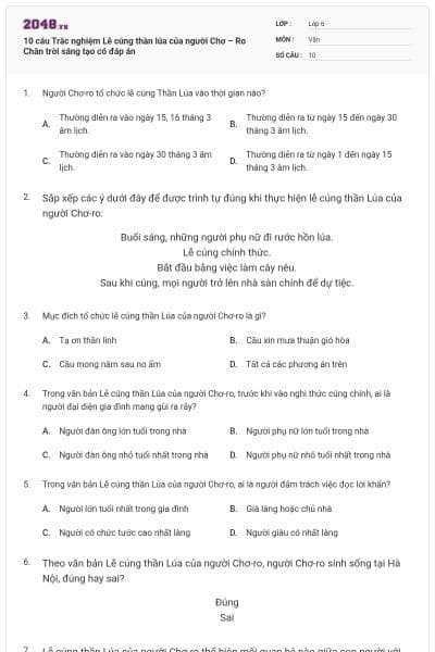 10 câu Trắc nghiệm Lễ cúng thần lúa của người Chơ – Ro Chân trời sáng tạo có đáp án
